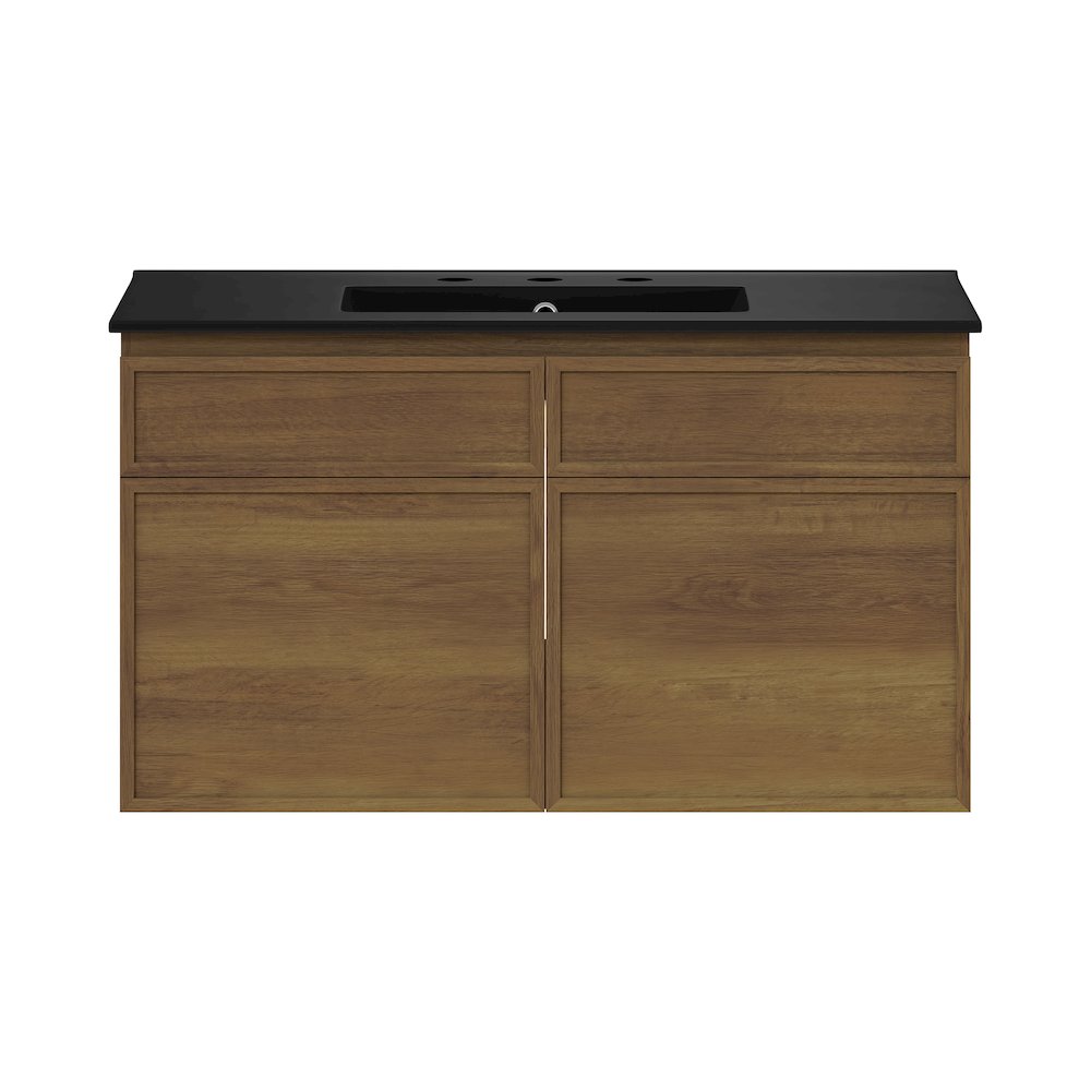 36" Wall-Mounted Bathroom Vanity in Brown Oak with Black Widespread Sink Top. Picture 1