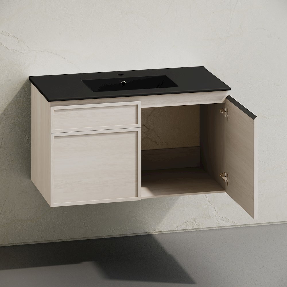 St. Tropez 36" Wall-Mounted Bathroom Vanity in White Oak with Black Sink Top. Picture 5