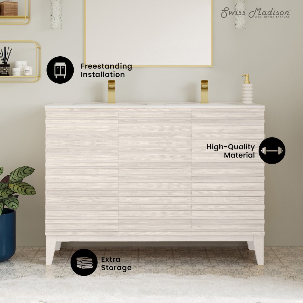 Cascade 48" Freestanding Bathroom Vanity in White Oak with Double Basin Sink Top. Picture 6