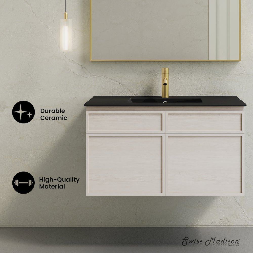 St. Tropez 36" Wall-Mounted Bathroom Vanity in White Oak with Black Sink Top. Picture 8