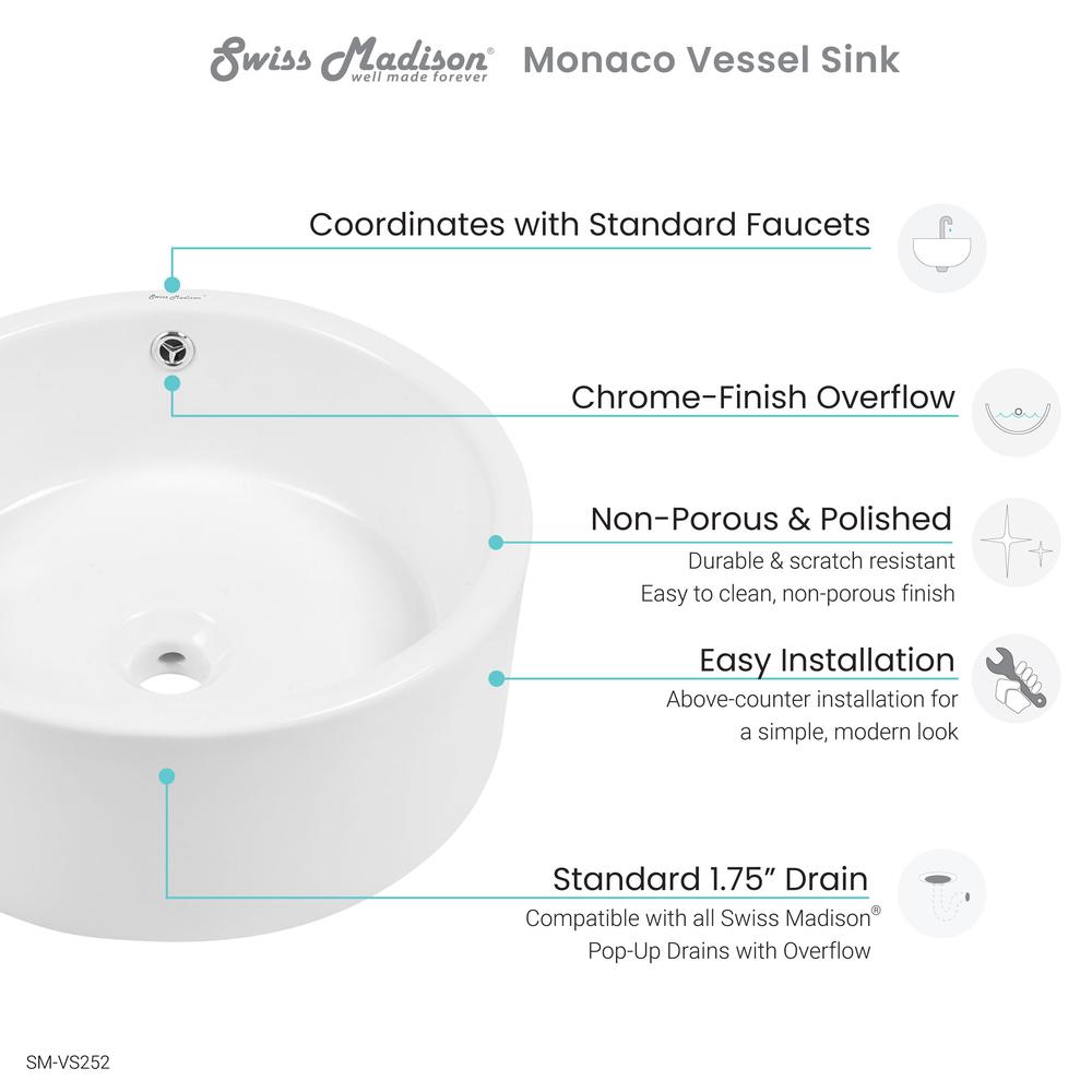 Monaco Round Ceramic Bathroom Vessel Sink in White. Picture 8