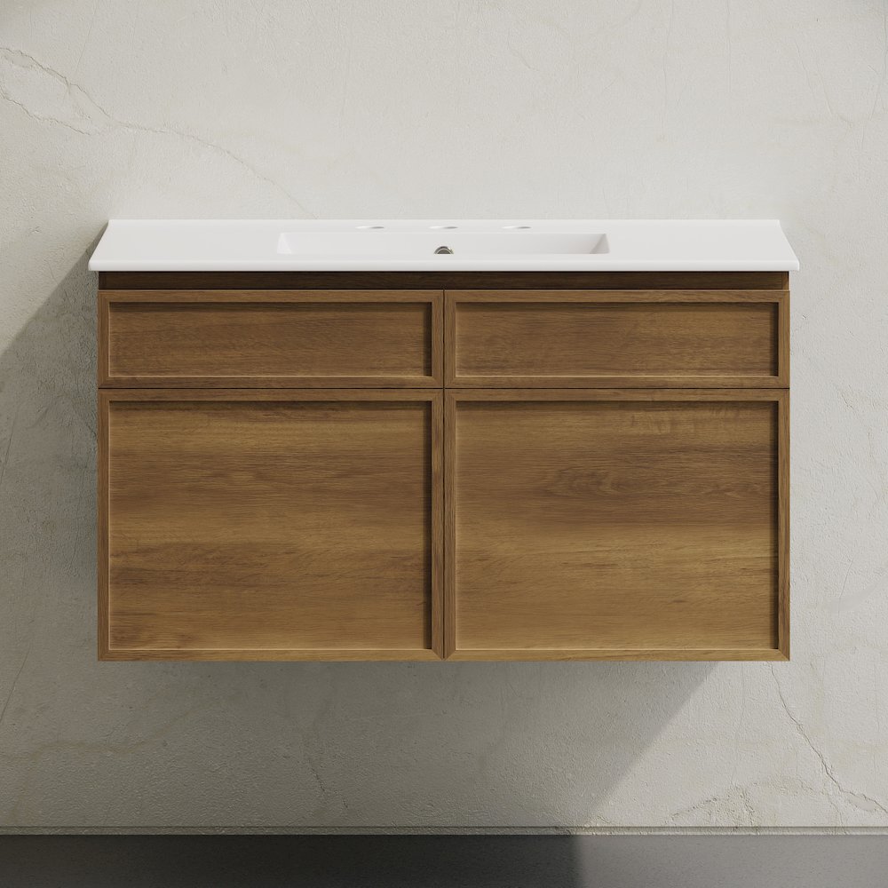 36" Wall-Mounted Bathroom Vanity in Brown Oak with 3-Hole Widespread Sink Top. Picture 5