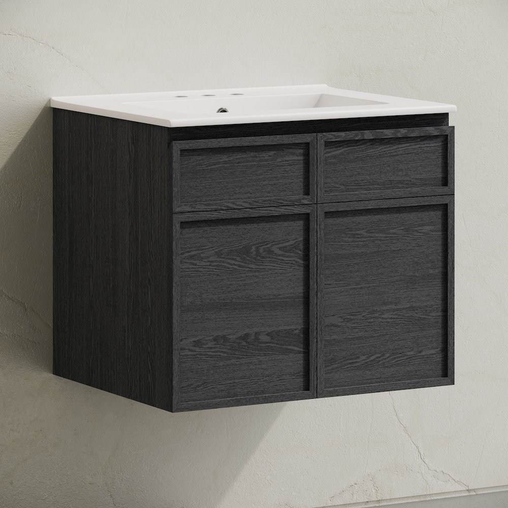 24" Wall-Mounted Bathroom Vanity in Black Oak with 3-Hole Centerset Sink Top. Picture 2