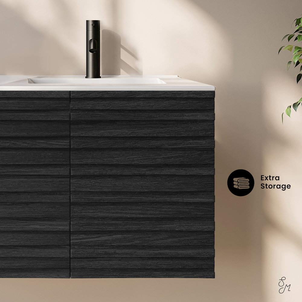 Cascade 48" Wall-Mounted Bathroom Vanity in Black Oak with Double Basin Sink Top. Picture 9