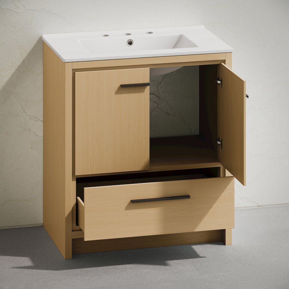 Virage Freestanding Bathroom Vanity in Natural Oak with 3-Hole Sink Top. Picture 5