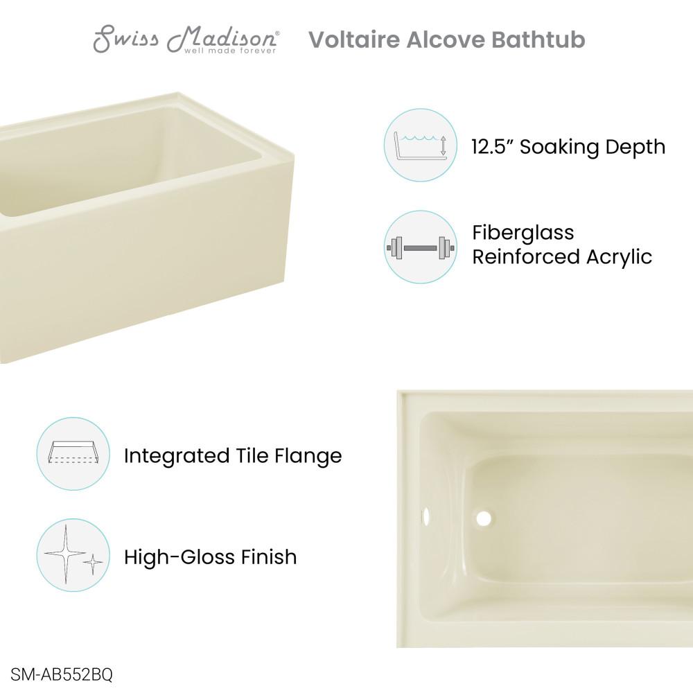 Voltaire 48" x 32" Left-Hand Drain Alcove Bathtub with Apron in Bisque. Picture 3