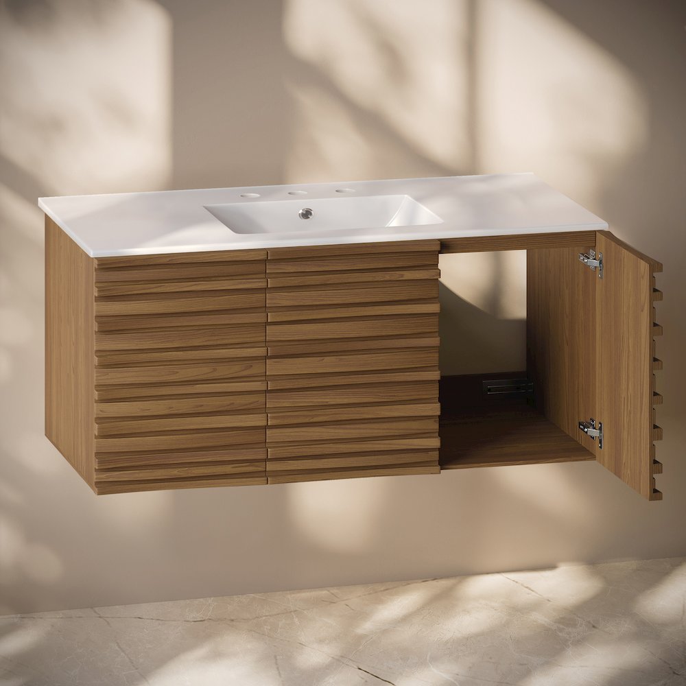 48" Wall-Mounted Bathroom Vanity in Brown Oak with 3-Hole Widespread Sink Top. Picture 5