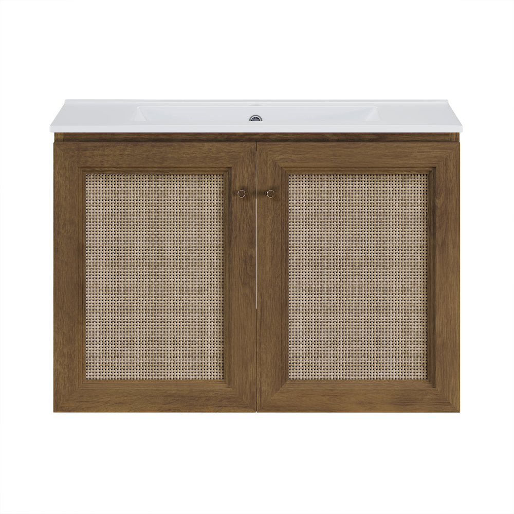 30" Wall-Mounted Bathroom Vanity in Brown Oak with Single Faucet Hole Vanity Top. Picture 1