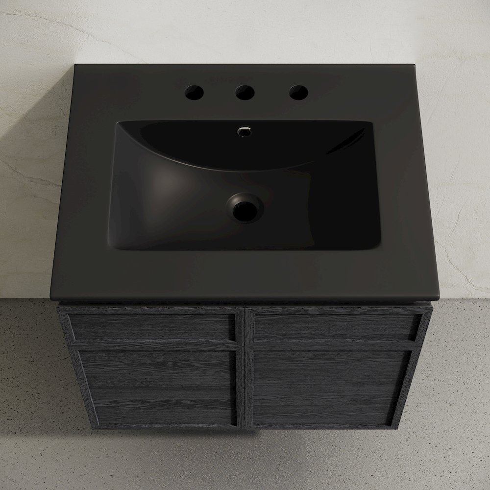 24" Wall-Mounted Bathroom Vanity in Black Oak with Black Widespread Sink Top. Picture 3
