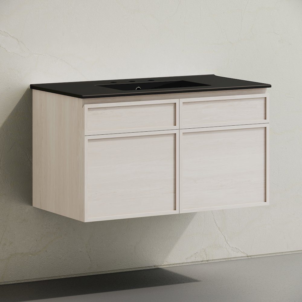 36" Wall-Mounted Bathroom Vanity in White Oak with Black Widespread Sink Top. Picture 2