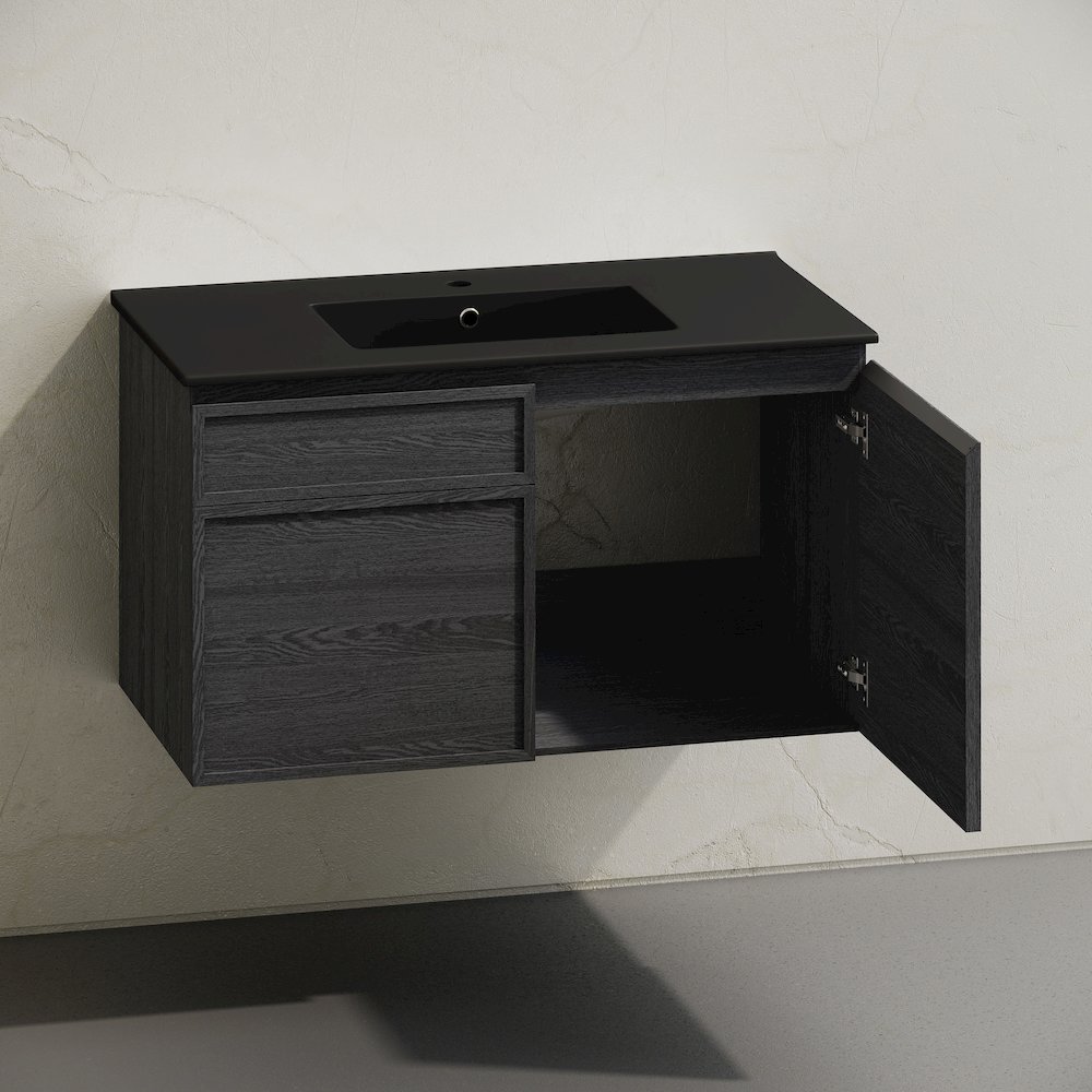 St. Tropez 36" Wall-Mounted Bathroom Vanity in Black Oak with Black Sink Top. Picture 5