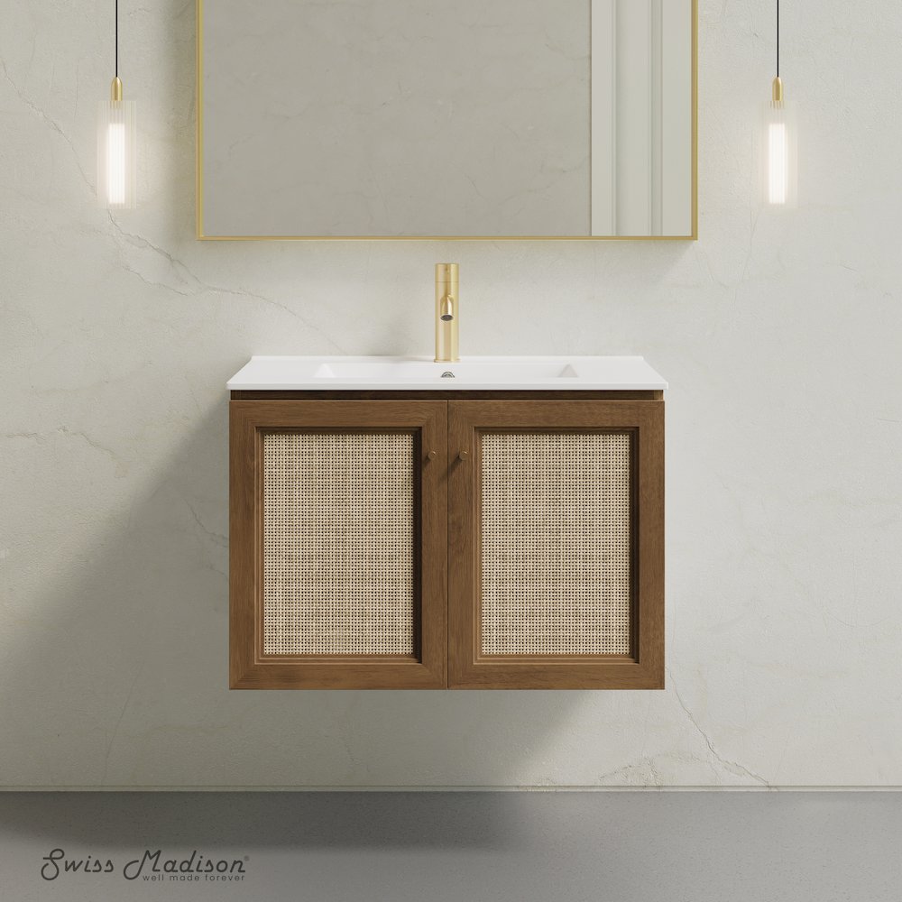 30" Wall-Mounted Bathroom Vanity in Brown Oak with Single Faucet Hole Vanity Top. Picture 2