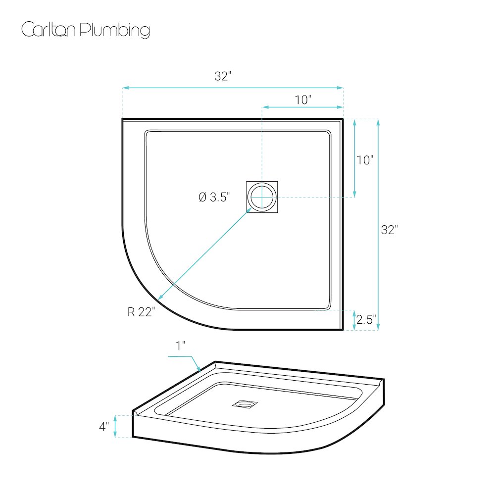 32" x 32" Corner Double-Threshold Shower Pan Base, Center Drain in Glossy White. Picture 2