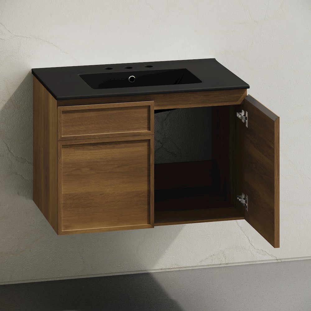 30" Wall-Mounted Bathroom Vanity in Brown Oak with Black Widespread Sink Top. Picture 4