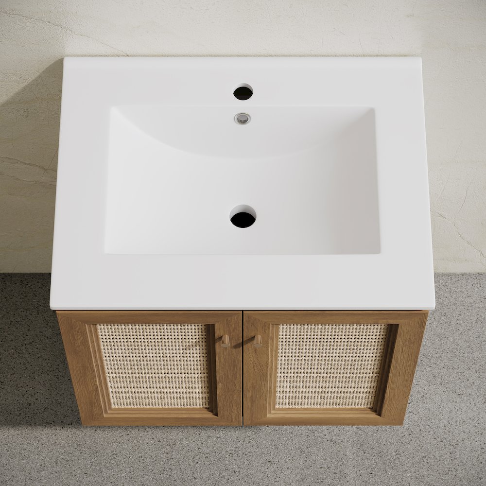 24" Wall-Mounted Bathroom Vanity in Brown Oak with Single Faucet Hole Vanity Top. Picture 4