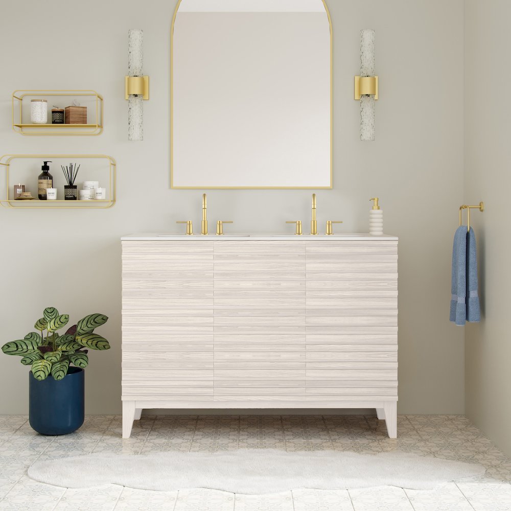 48"  Bathroom Vanity in White Oak with Widespread Double Basin Sink Top. Picture 2