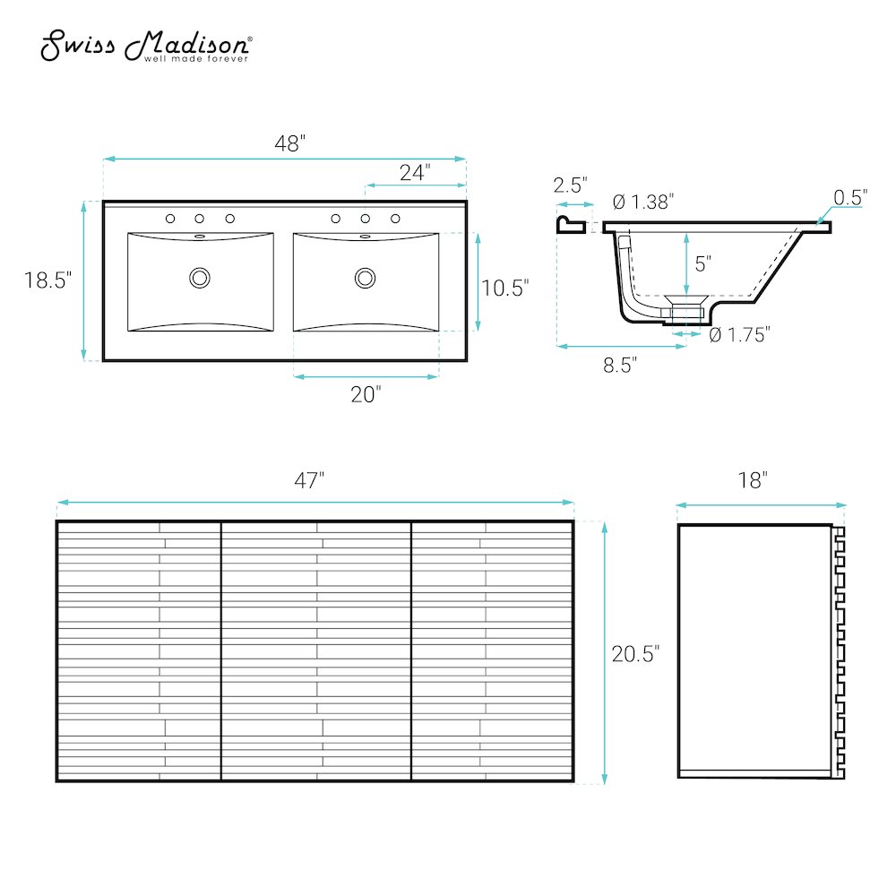 48" Wall-Mounted Bathroom Vanity in Brown Oak with Widespread Basin Sink Top. Picture 8