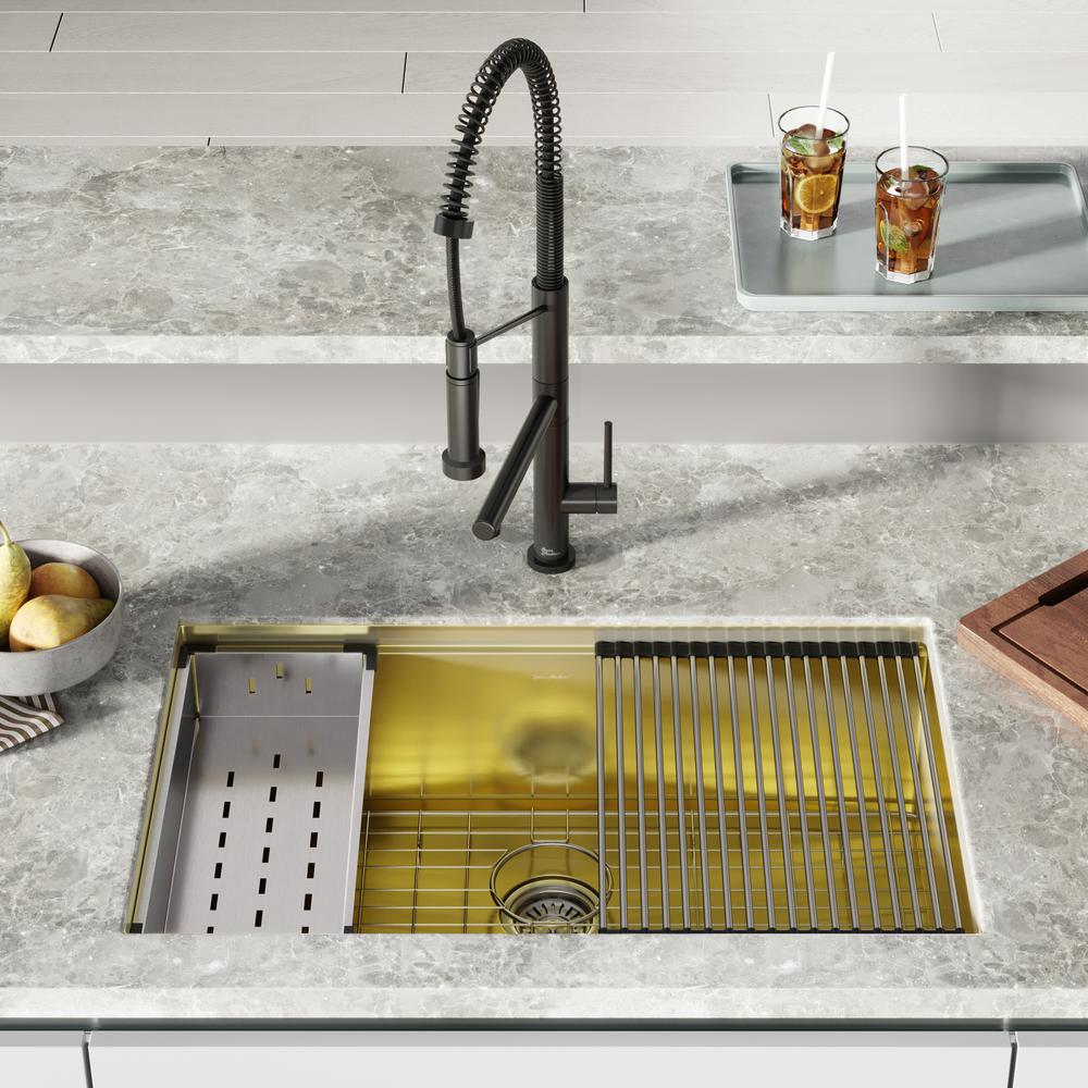 Stainless Steel, Single Basin, Undermount Kitchen Workstation Sink in Gold. Picture 22