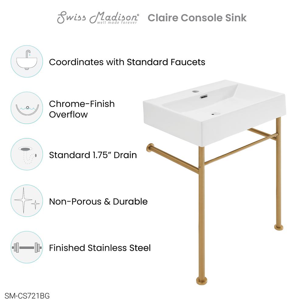 Claire 24 Ceramic Console Sink White Basin Brushed Gold Legs. Picture 8