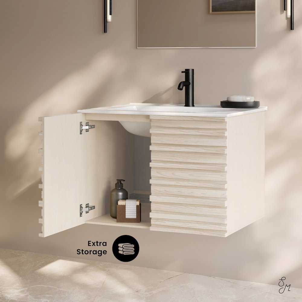 Cascade 30" Wall-Mounted Bathroom Vanity in White Oak with Sink Top. Picture 9
