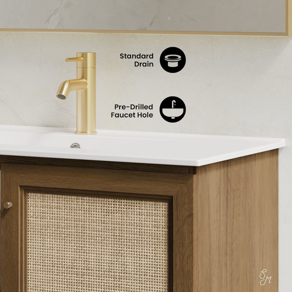 36" Wall-Mounted Bathroom Vanity in Brown Oak with Single Faucet Hole Vanity Top. Picture 10