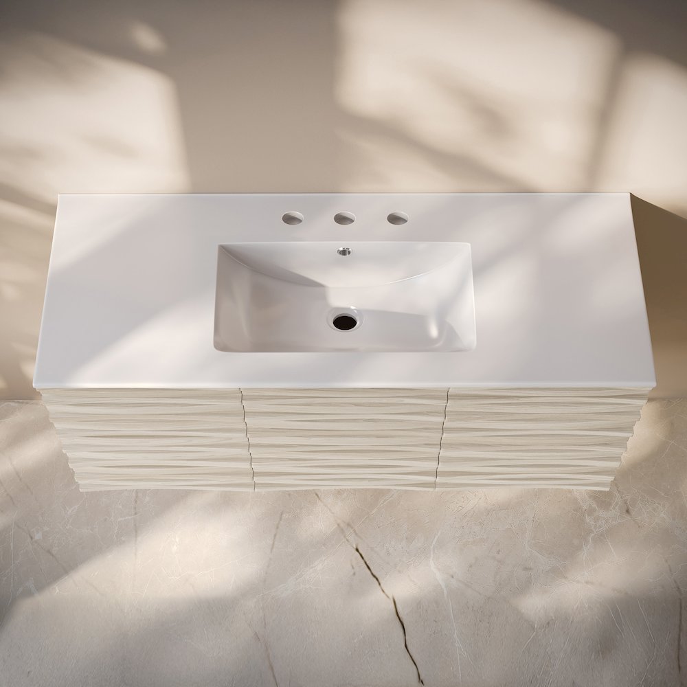 Cascade 48" Wall-Mounted Bathroom Vanity in White Oak with 3-Hole Sink Top. Picture 4