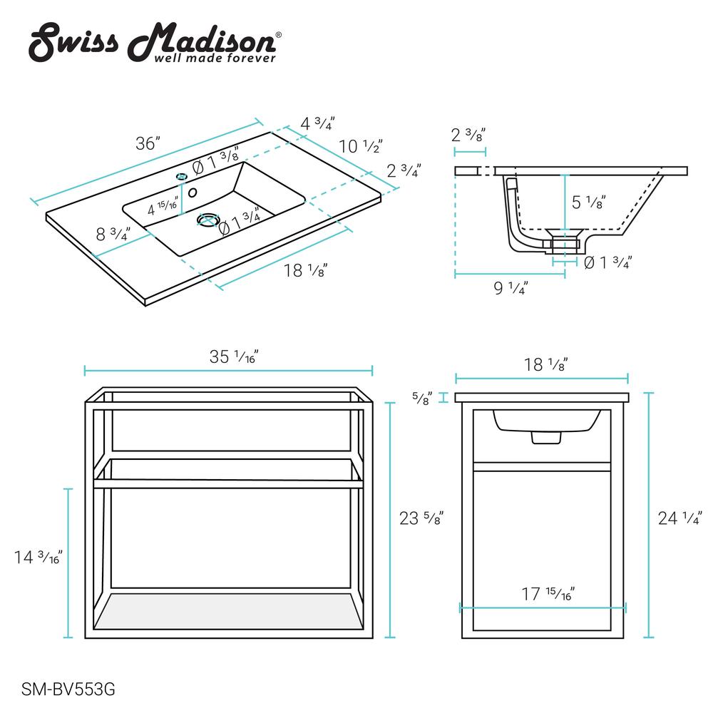 Pierre 36 Single, Open Shelf, Gold Metal Frame Bathroom Vanity. Picture 16