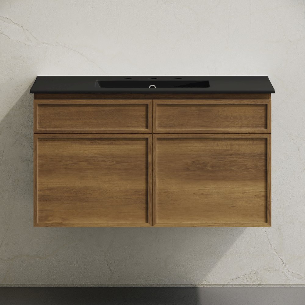 36" Wall-Mounted Bathroom Vanity in Brown Oak with Black Widespread Sink Top. Picture 5