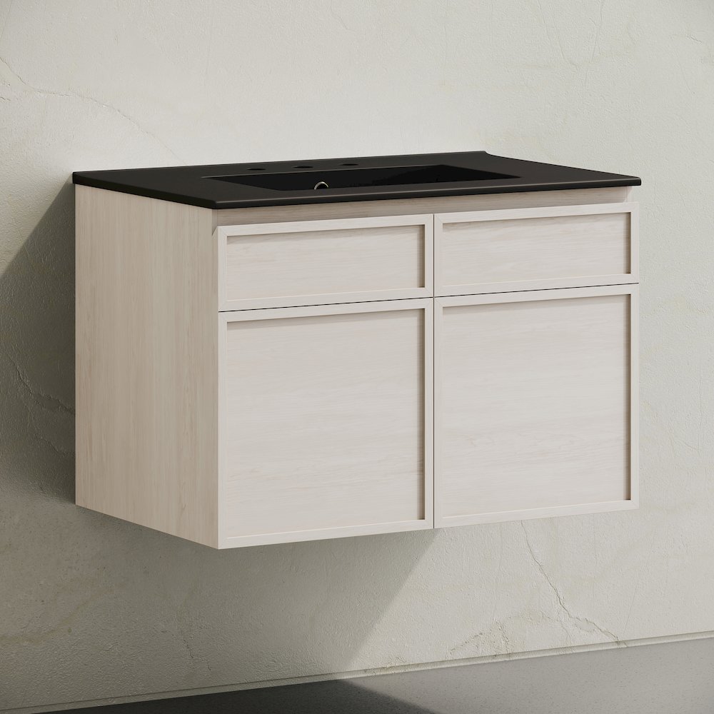 30" Wall-Mounted Bathroom Vanity in White Oak with Black Widespread Sink Top. Picture 2