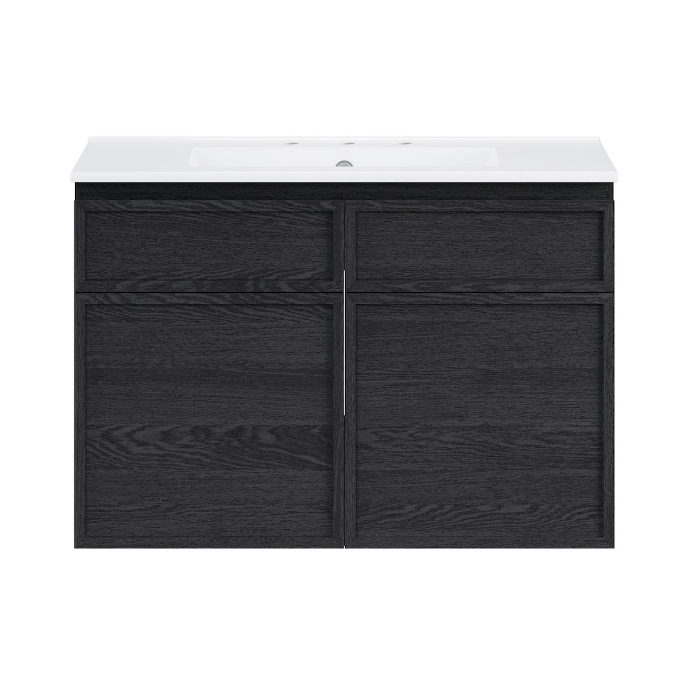 30" Wall-Mounted Bathroom Vanity in Black Oak with 3-Hole Widespread Sink Top. Picture 1