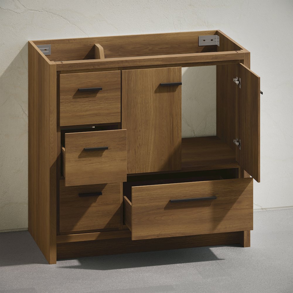 Virage 36" Freestanding Bathroom Vanity in Brown Oak without Sink Top. Picture 6