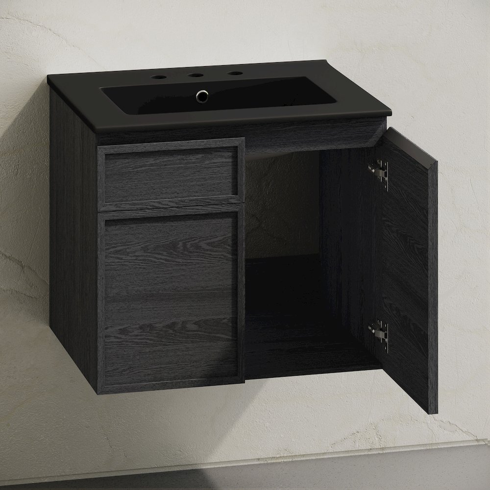 24" Wall-Mounted Bathroom Vanity in Black Oak with Black Widespread Sink Top. Picture 4