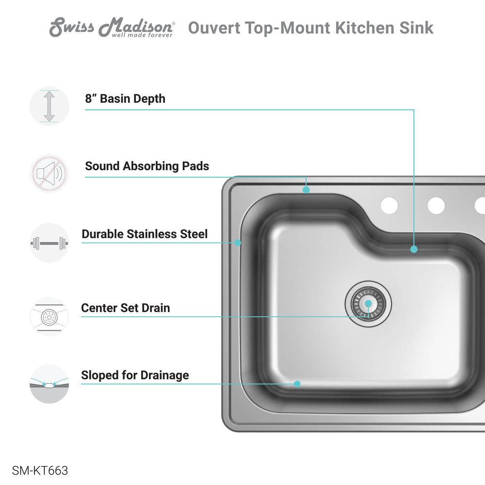 Ouvert 25 x 22 Stainless Steel Single Basin Top-Mount Kitchen Sink. Picture 4