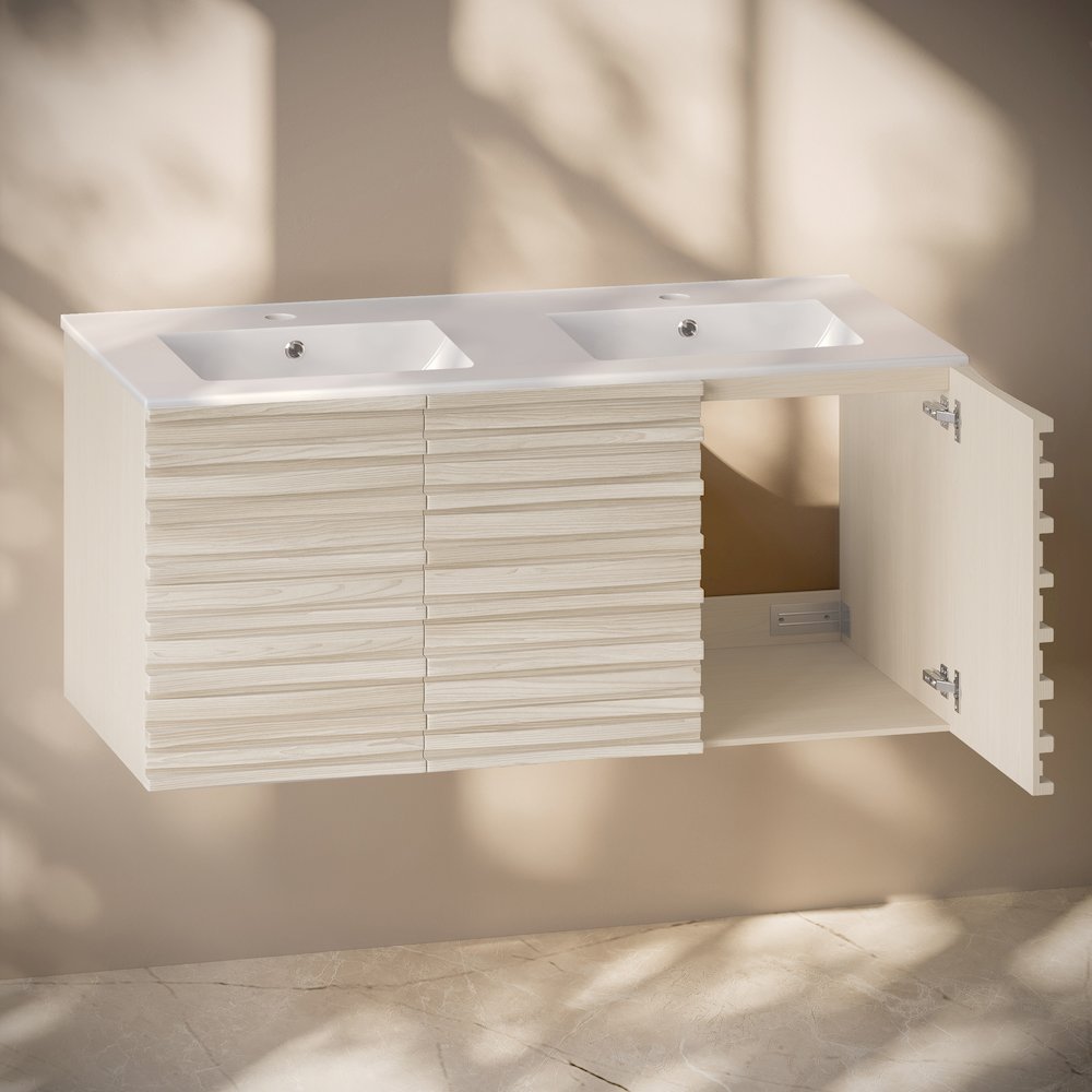 Cascade 48" Wall-Mounted Bathroom Vanity in White Oak with Double Basin Sink Top. Picture 5
