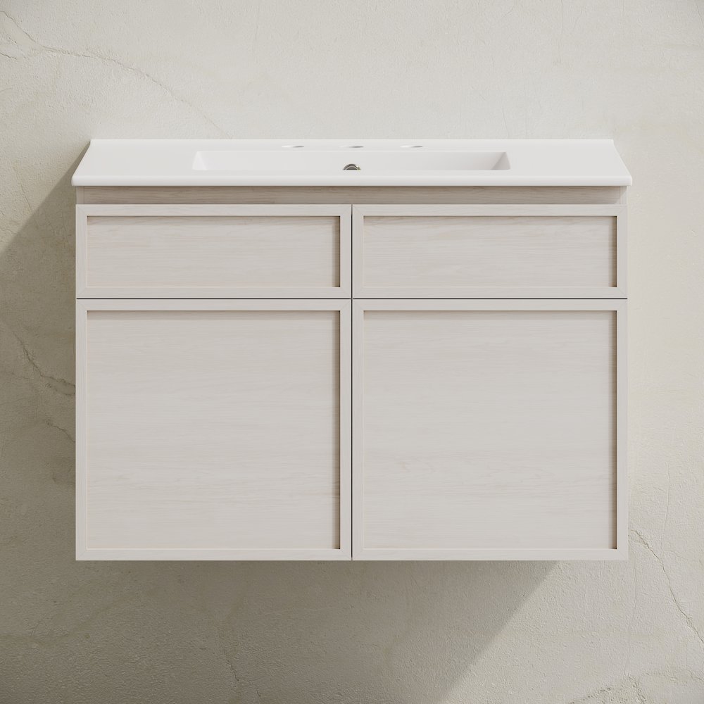 30" Wall-Mounted Bathroom Vanity in White Oak with 3-Hole Widespread Sink Top. Picture 5