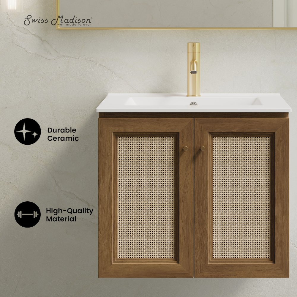 24" Wall-Mounted Bathroom Vanity in Brown Oak with Single Faucet Hole Vanity Top. Picture 8