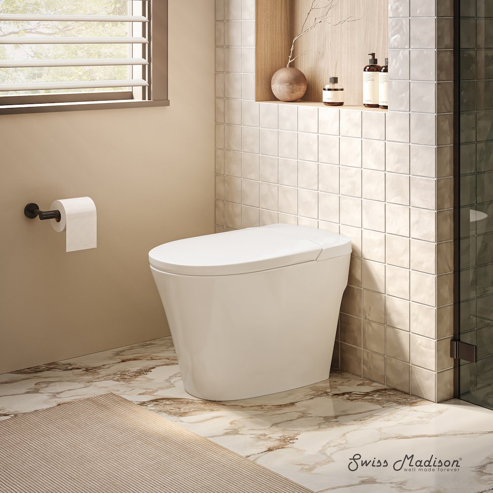 Hugo One-Piece 12" Rough-in 1.1 GPF Top Flush Elongated Toilet in Glossy White. Picture 5