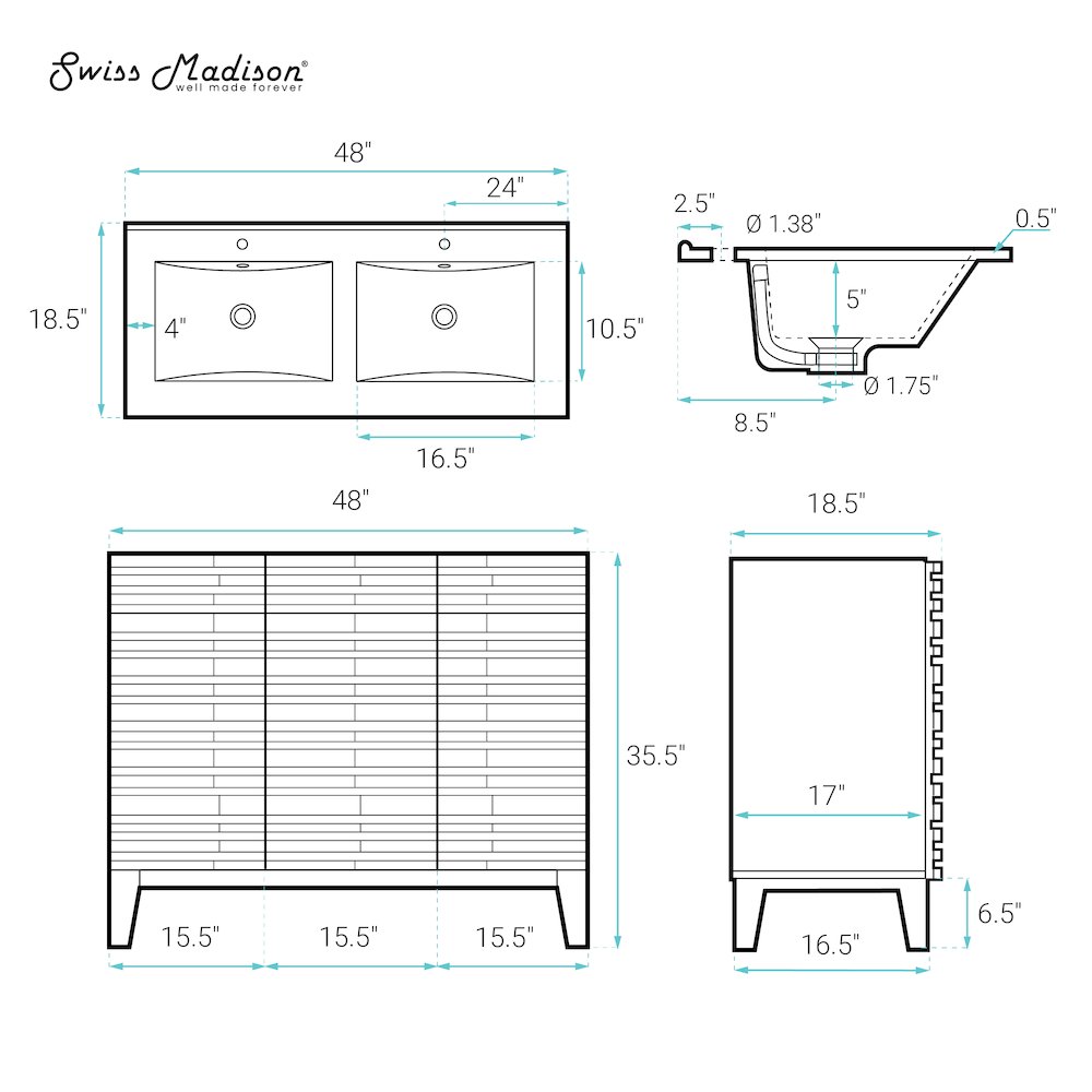Cascade 48" Freestanding Bathroom Vanity in White Oak with Double Basin Sink Top. Picture 9
