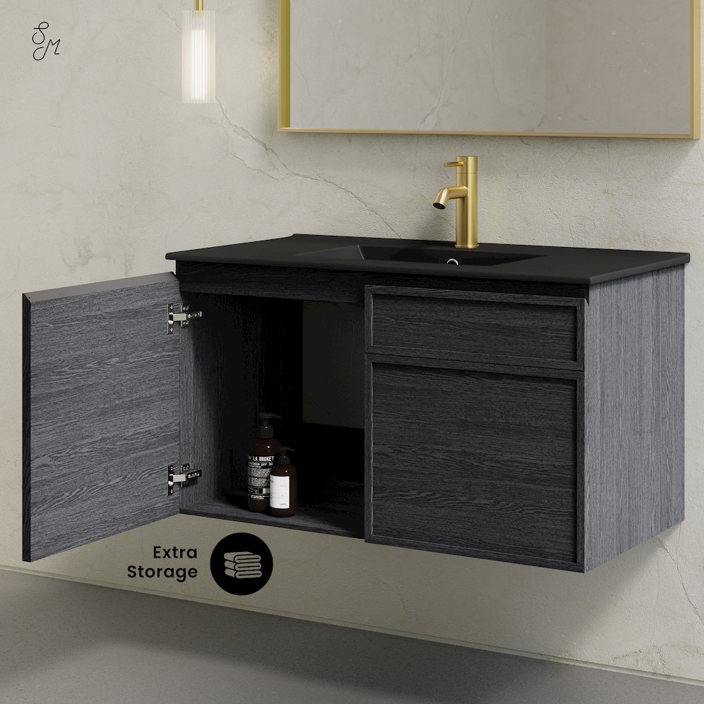St. Tropez 36" Wall-Mounted Bathroom Vanity in Black Oak with Black Sink Top. Picture 9