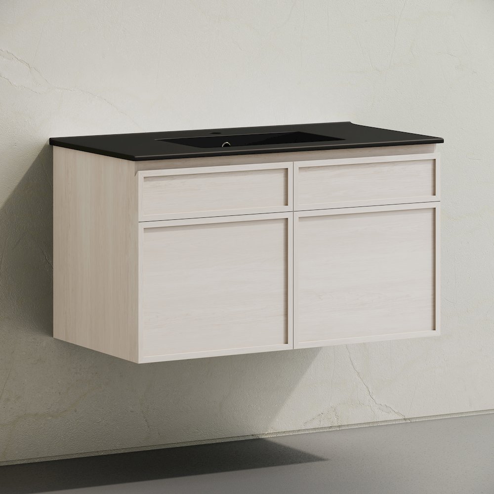St. Tropez 36" Wall-Mounted Bathroom Vanity in White Oak with Black Sink Top. Picture 3