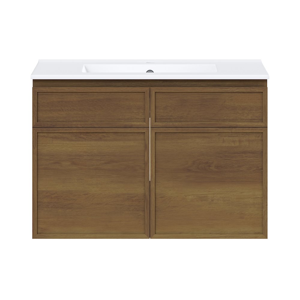 30" Wall-Mounted Bathroom Vanity in Brown Oak with 3-Hole Widespread Sink Top. Picture 1