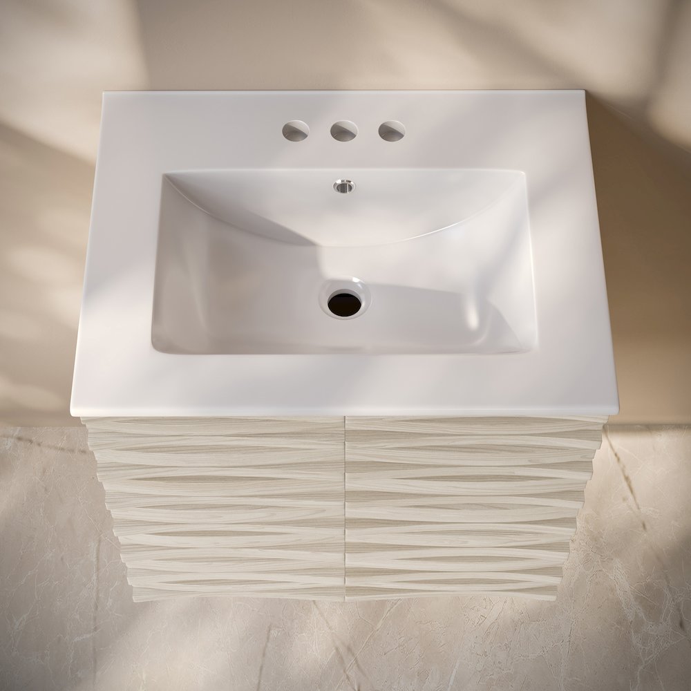 Cascade Wall-Mounted Bathroom Vanity in White Oak with 3-Hole Centerset Sink Top. Picture 4