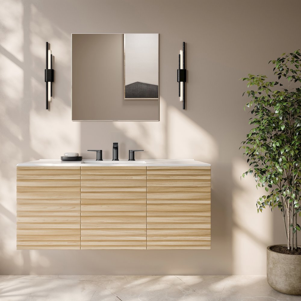 48" Wall-Mounted Bathroom Vanity in Natural Oak with 3-Hole Widespread Sink Top. Picture 2