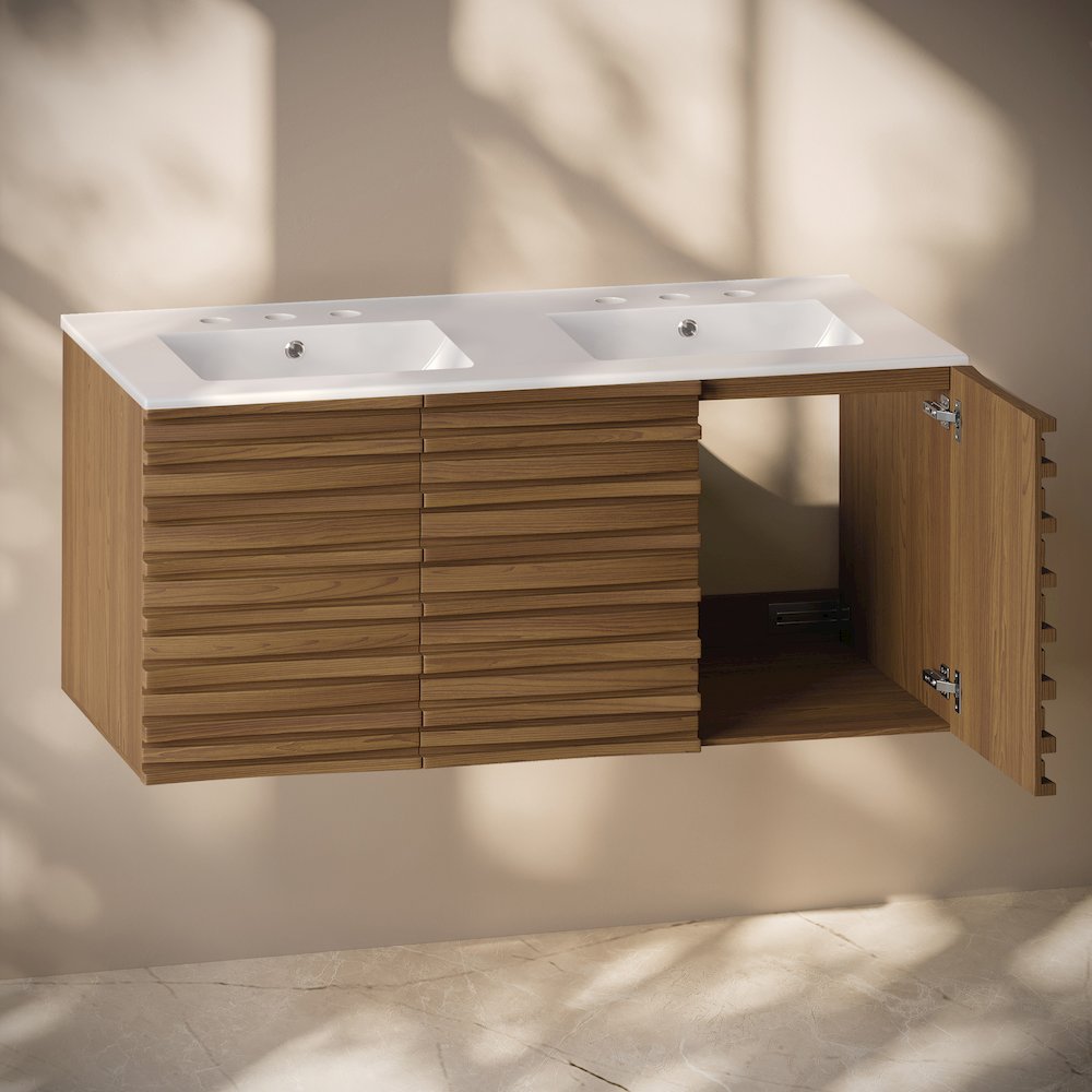 48" Wall-Mounted Bathroom Vanity in Brown Oak with Widespread Basin Sink Top. Picture 5