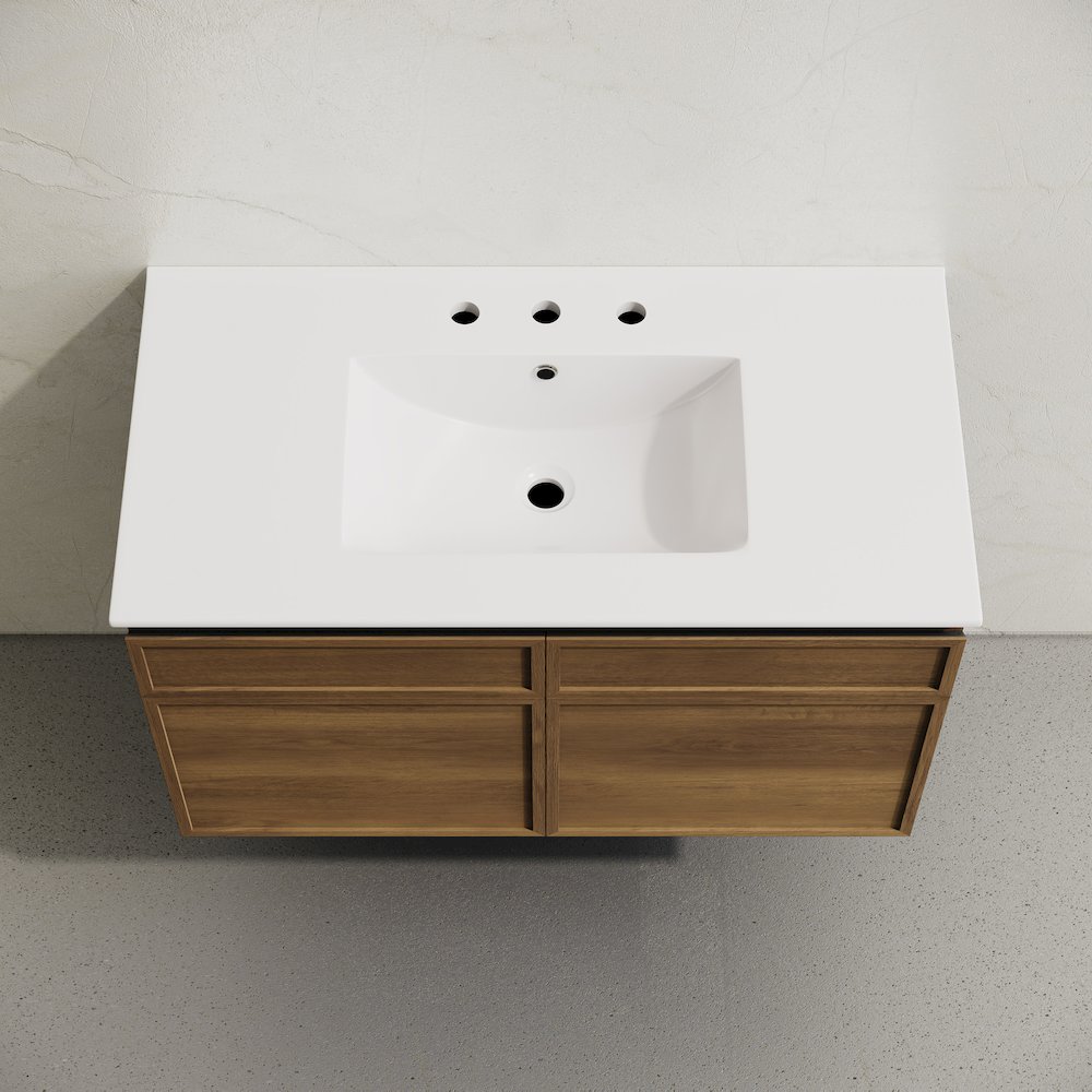 36" Wall-Mounted Bathroom Vanity in Brown Oak with 3-Hole Widespread Sink Top. Picture 3