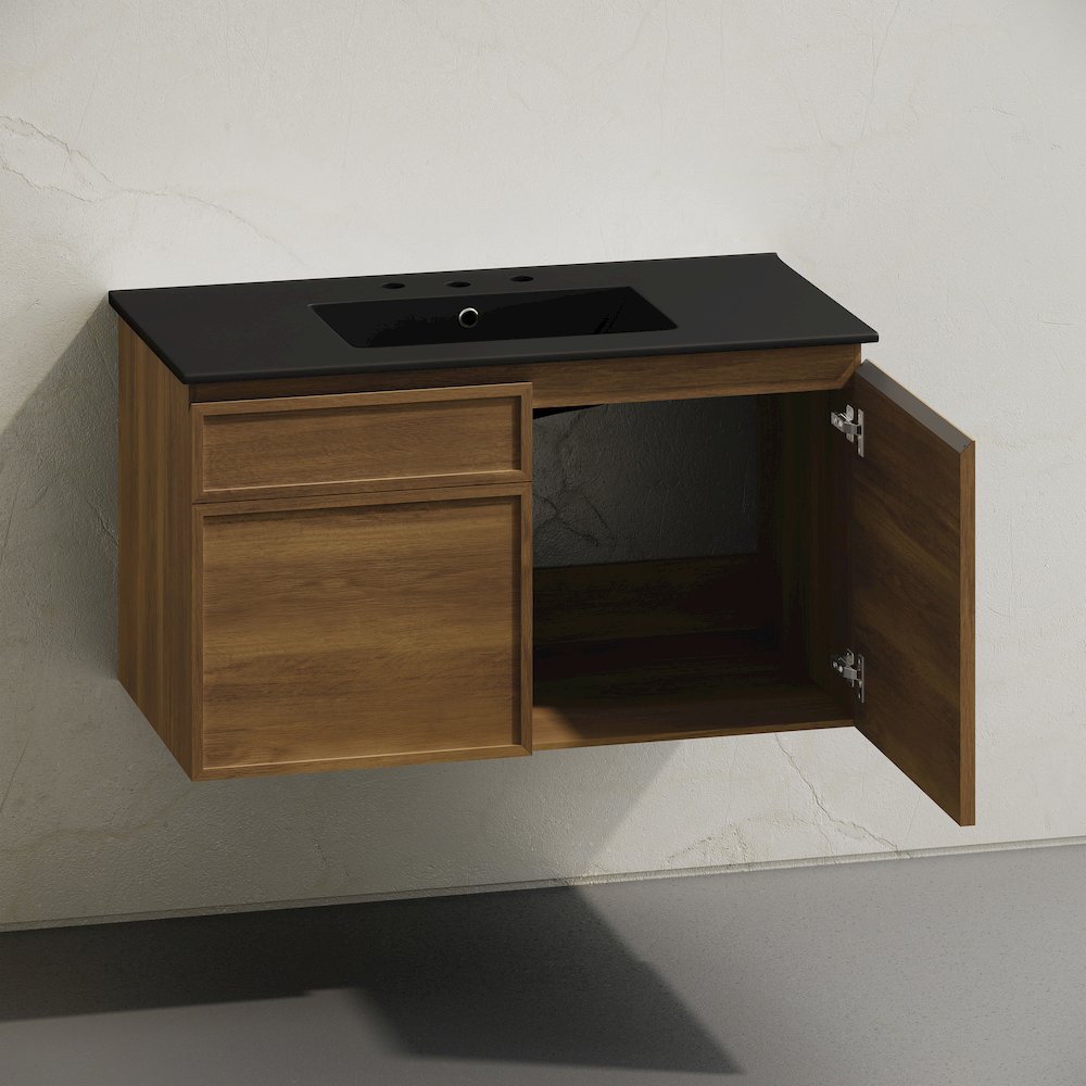 36" Wall-Mounted Bathroom Vanity in Brown Oak with Black Widespread Sink Top. Picture 4