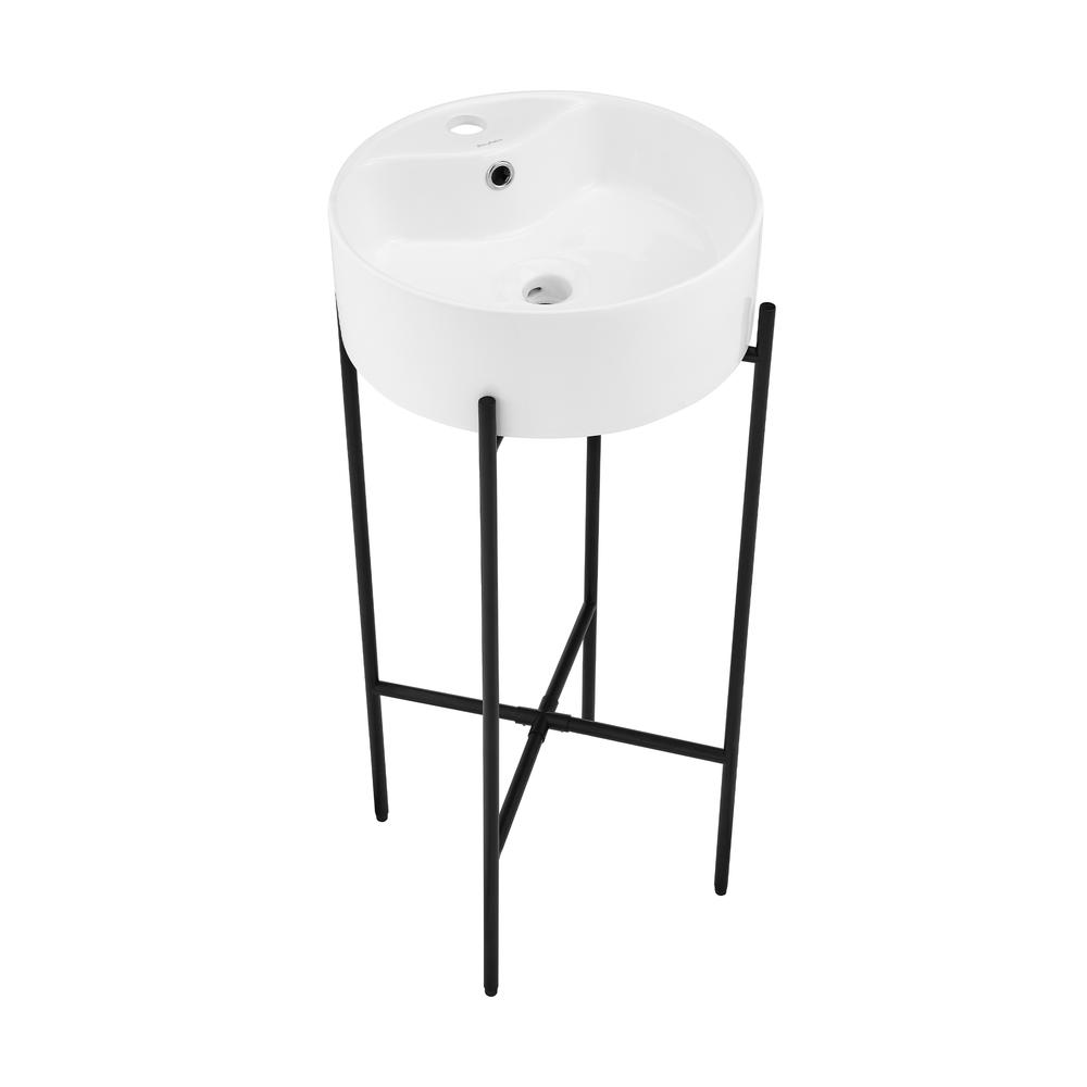 Round Console Sink with Faucet Mount, White Basin Matte Black Legs. Picture 2