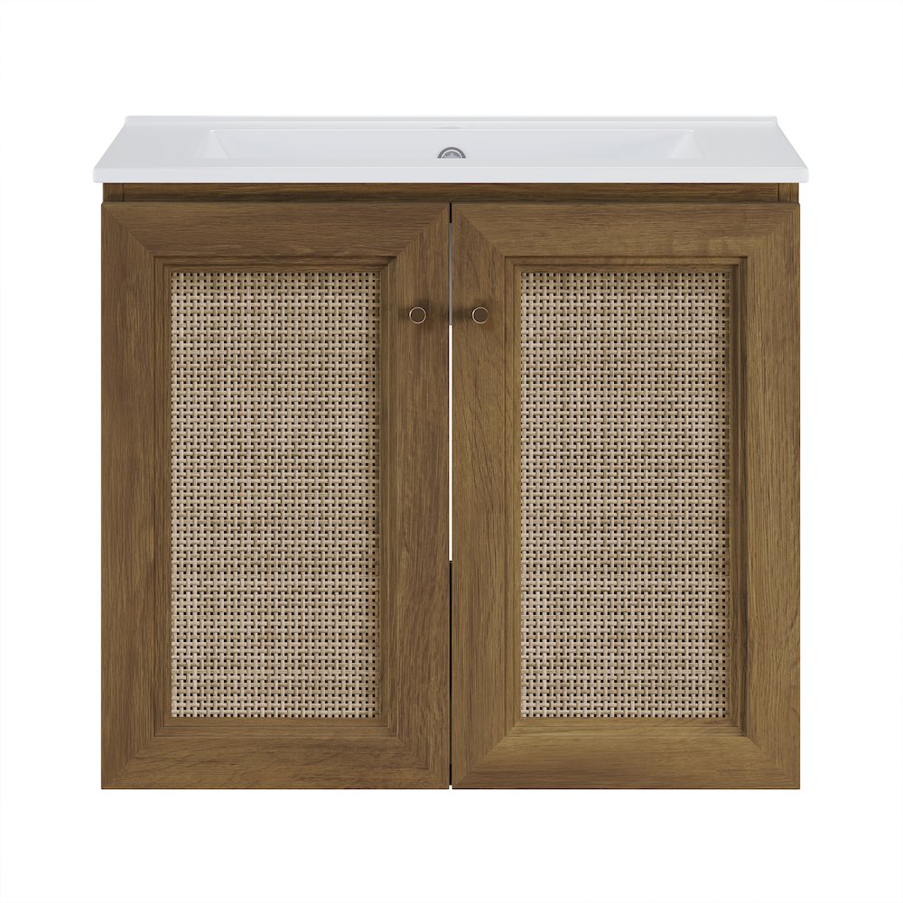 24" Wall-Mounted Bathroom Vanity in Brown Oak with Single Faucet Hole Vanity Top. Picture 1