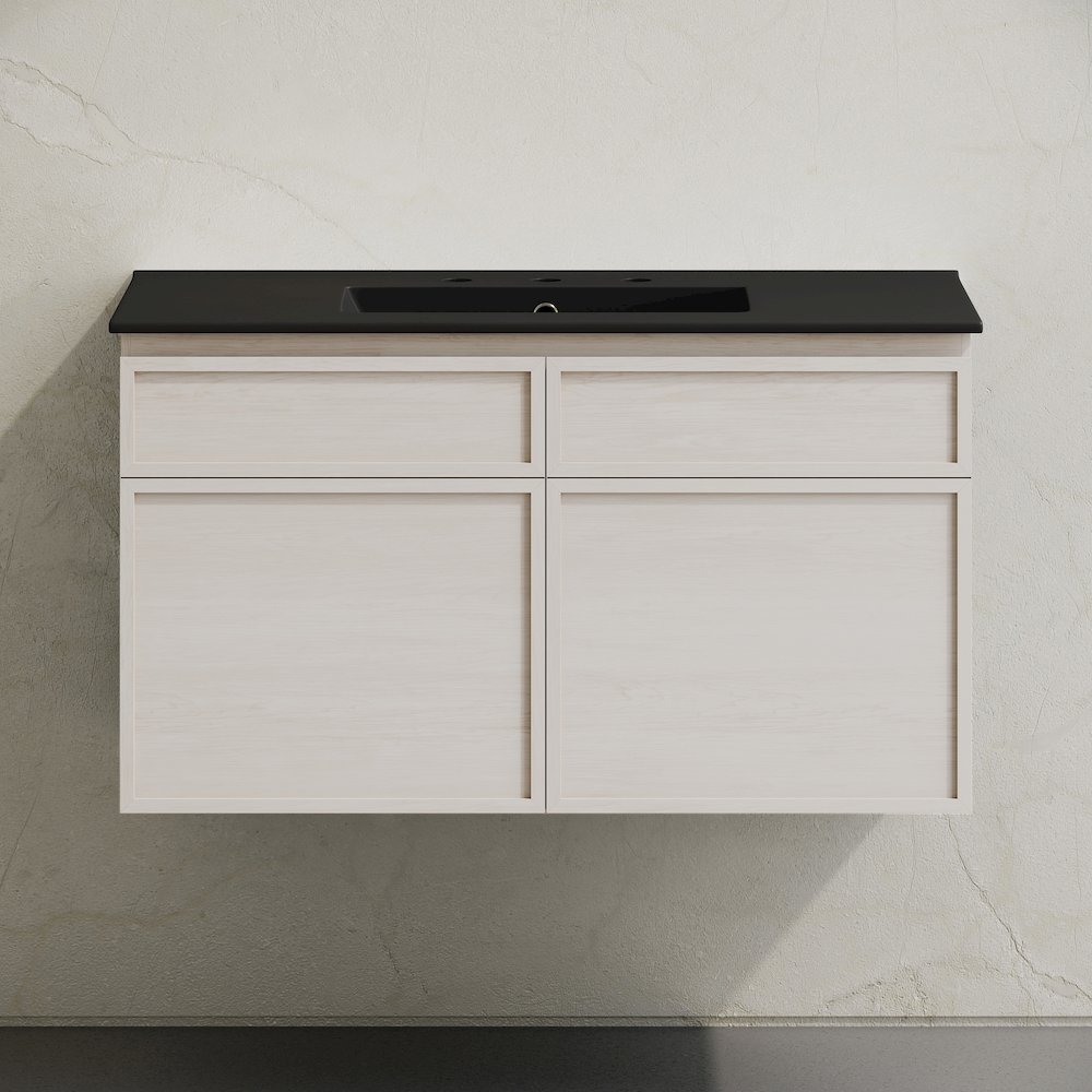36" Wall-Mounted Bathroom Vanity in White Oak with Black Widespread Sink Top. Picture 5