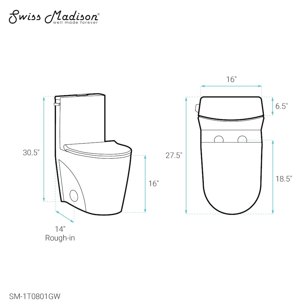 One-Piece 14" Rough-in 1.28 GPF Left Flush Elongated Toilet in Glossy White. Picture 6